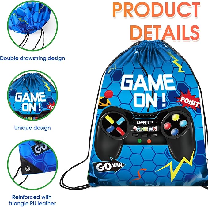 Eccliy 20 Pcs Video Game Party Favor Bags Gamer Birthday Party Drawstring Bags for Kids Boys Girls 12 x 10 Inch Gaming Goodie Treat for Game on Theme Decorations Supplies(Blue,Fresh Style)