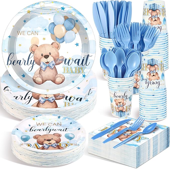 Dandat 350 Pcs Baby Shower Plates Set Baby Shower Party Supplies Serves 50 Tableware Sets Include Plates Napkin Cup Forks Knives Spoons Disposable Dinnerware(Bear,Blue)