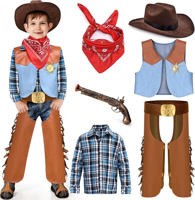 Kids Cowboy Costume for Boys Halloween Dress up Leather Western Outfit with Accessories for Role Play Party
