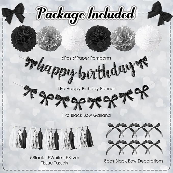 Black Bow Birthday Party Decorations, Coquette Bow Black and White Silver Confetti Long Balloons Happy Birthday Banner Fringe Curtain Tassel Pompoms for Women Girls Theme Baby Shower Party Supplies