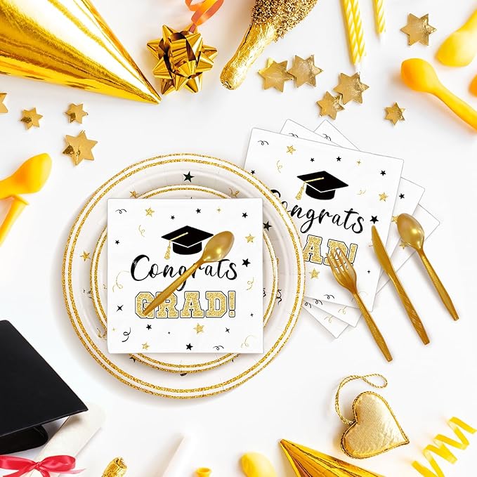 175 Pcs Graduation Tableware Set Party Supplies - Serves 25, Congrats Grad Class of 2025 Disposable Plates, Cups, Napkins, Forks, Spoons, Knives for High School, College Graduation, Prom Decorations