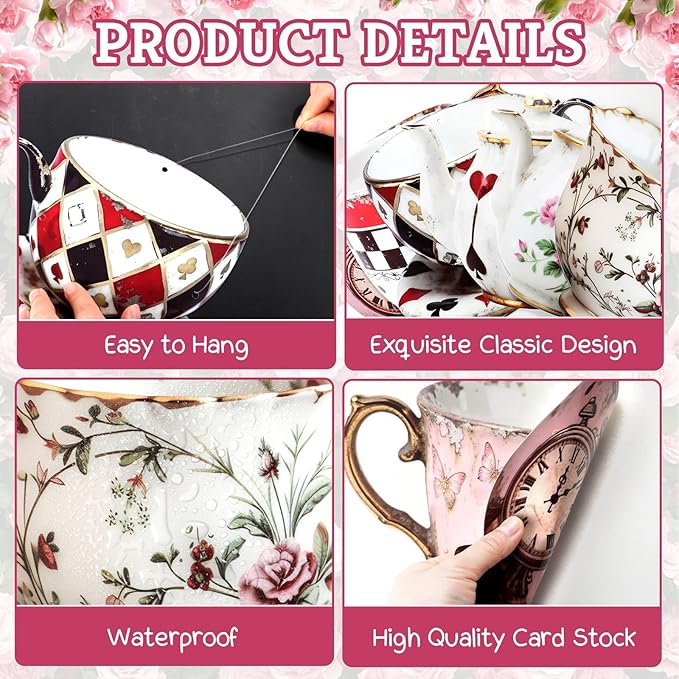 Wonderland Tea Party Decoration Teacup Hanging Banners Wonderland Teapot Themed Garland banner spring Backdrop Photo Props for Indoor Outdoor Garden Birthday Baby Shower Party Supplies