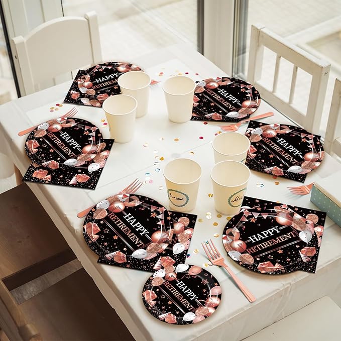 96 Pcs Retirement Party Plates and Napkins Set, Rose Gold Happy Retirement Party Supplies Decorations for Women Going Away Party Disposable Dinnerware Set, Serves 24