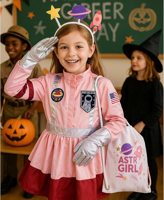 Kids Astronaut Costume Set for Girls – Space Costume Dress with Accessories for Halloween, Career Day & Dress Up Play