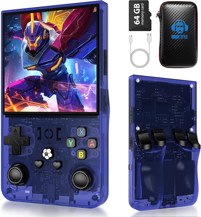 R36MAX Retro Handheld Game Console, 4.0 inch Retro Gaming Console with 64GB Memory, Portable Retro Video Games Console, 4000mAh Battery, Support 30+ Emulators, Transparent Blue
