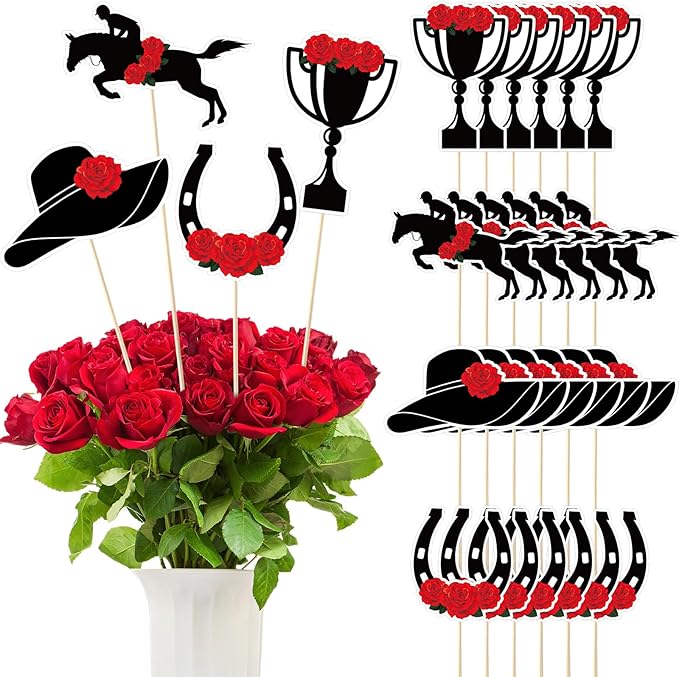 24 Pcs Double-sided Derby Party Supplies Decoration Sticks Set for Table Centerpieces Kentucky Horse Racing Theme Party Decorations for the Roses Derby Day Birthday Supplies