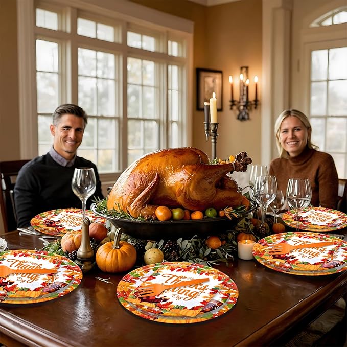 96 Pieces Happy Thanksgiving Tableware Set Party Supplies - Fall Harvest Pattern Disposable Dinnerware with Paper Plates, Napkins, Forks for Autumn and Thanksgiving Dinner BBQ Picnic Favors
