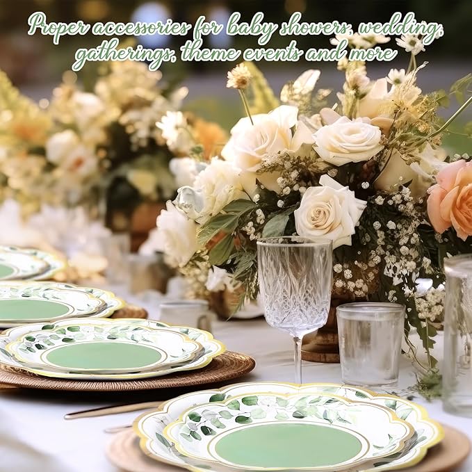 60 Pcs Eucalyptus Greenery Paper Plates 9 in and 7 in Sage Green Dessert Party Plates with Gold Rim Disposable Floral Shape Tableware for Wedding Birthday Party Baby Shower Bridal Shower