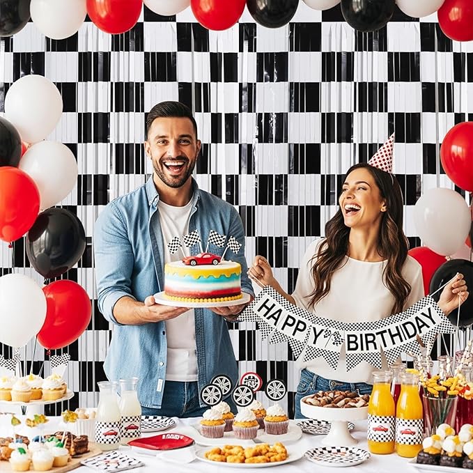 TONIFUL 2Pcs Checkered Door Streamers, Photo Booth Backdrop,Metallic Streamers Checkered Foil Fringe Curtains for Birthday,New Year,St. Patrick's Day Independence Day Labor Day Party Decor