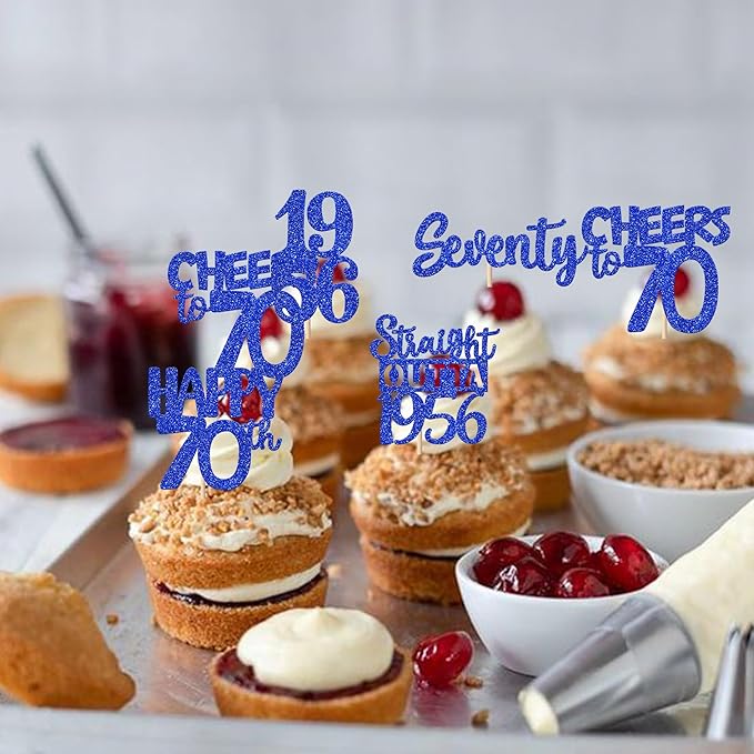 30 PCS 70th Birthday Cupcake Toppers Glitter Seventy Happy 70 Straight Outta 1956 Cupcake Picks for Cheers to 70 Fabulous 70th Birthday Anniversary Party Cake Decorations Supplier Blue