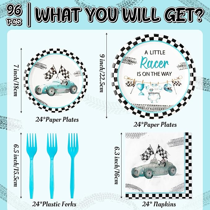96Pcs Race Car Baby Shower Party Plates Supplies A Little Racer Is On The Way Racing Car Party Tableware Decorations Disposable Paper Plates Napkins Forks for Kids Birthday, Serves 24