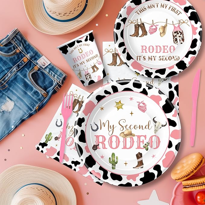 Western Cowgirl 2nd Birthday Party Supplies, Wild West My Second Rodeo Birthday Decorations Tableware Girl, Paper Plate, Cup, Napkin, Fork | Serve 24
