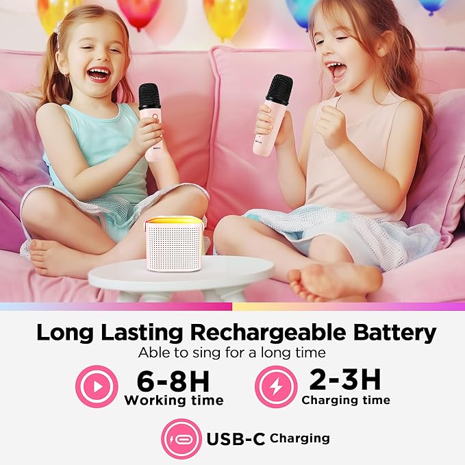 Mini Karaoke Machine with 2 Wireless Microphones for 5+ Years Old Kids, Rechargeable Portable Bluetooth Karaoke Singing Speaker with Voice Changing, RGB Light, for Birthday, Family, Home Party Gift