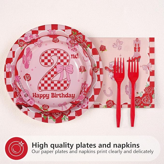 96Pcs Two Dozen Roses Party Supplies Two Dozen Roses 2nd Birthday Plates and Napkins Pink Floral Western Theme Tableware Set for Western Cowgirls 2nd Birthday Party Decorations Serves 24