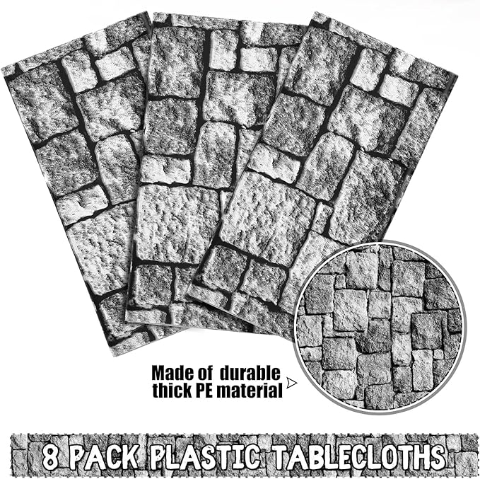 Irenare Halloween Stone Wall Tablecloths, Medieval Castle Party Decorations Supplies Disposable Plastic Brick Stone Tablecloth Brick Wall Table Covers for Birthday Party Favors(8 Pack,108 x 54 Inch)
