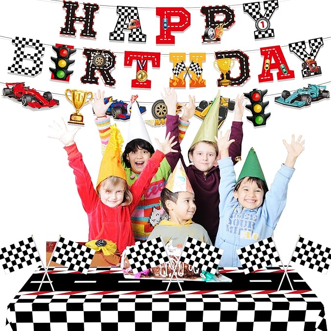 Race Car Party Decor Kit - Happy Birthday Banner, Tablecloths for Race Car Birthday or Baby Shower - 54 x 108 Inch