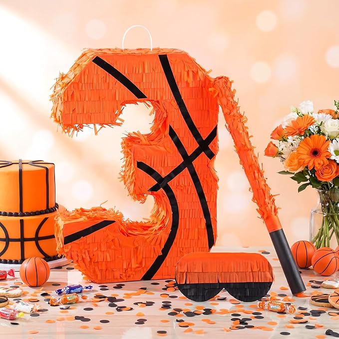 Soulchen Basketball Number 2 3 4 8 Pinata Basketball Party Decorations 16 Inch Piñata with Blindfold Stick and Confetti for Birthday Sports Theme Party Supplies Centerpiece(Number 3)