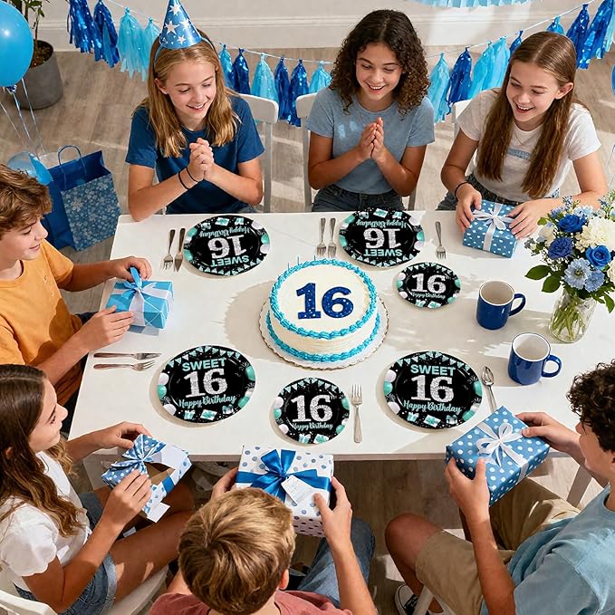 96Pcs 16th Birthday Party Supplies Teal Blue and Black Plates and Napkins Disposable Turquoise Sweet 16 Years Old Paper Tableware Set for Boys Girls 16th Birthday Party Decorations Serves 24