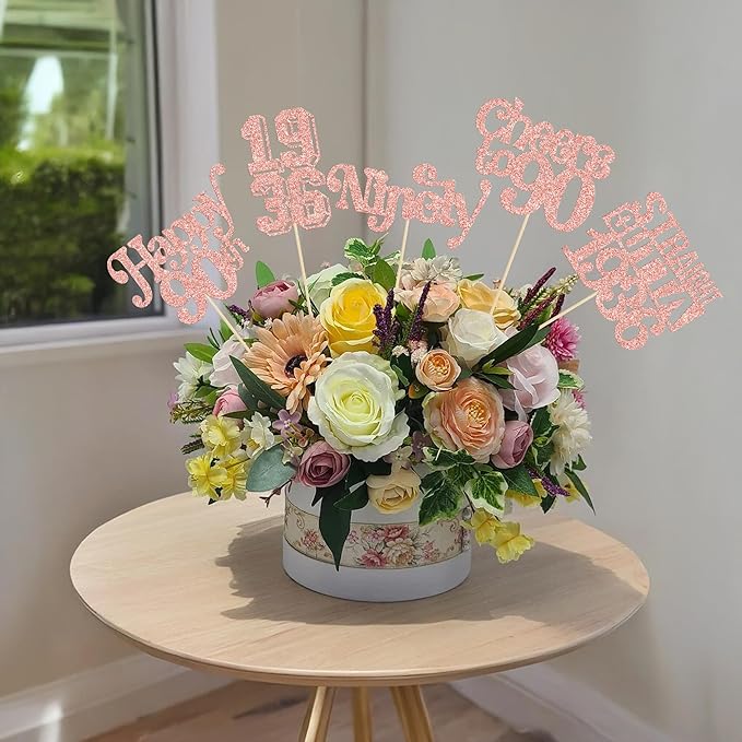 Gyufise 15Pcs Happy 90th Birthday Centerpiece Sticks Ninety Straight Outta 1936 Table Flower Centerpieces Sticks Cheers to 90 Decorations for 90th Birthday Party Supplies Rose Gold