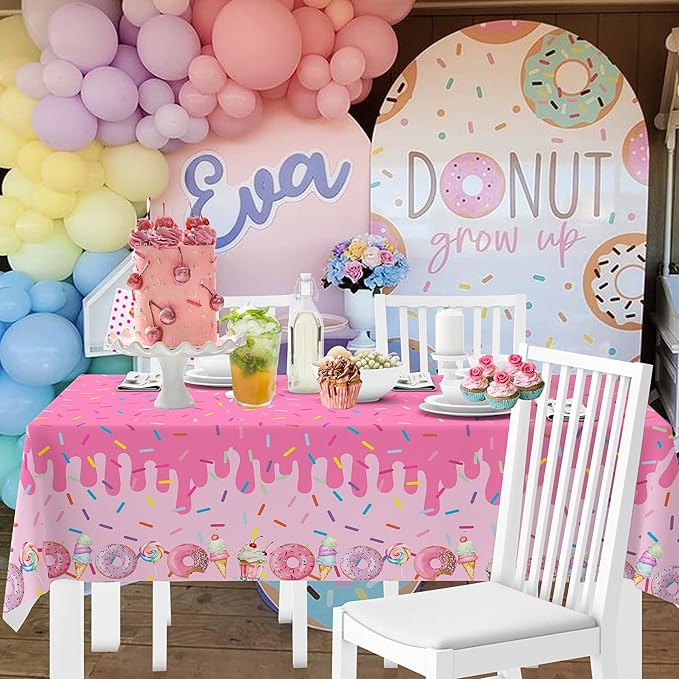 4Pcs Pink Donut Ice Cream Tablecloth Party Decorations for Baby Girl Sweet One Dessert Time Party Supplies, Ideal for Girl Birthday Parties, Baby Showers, Birthday Donut Themed Decorations