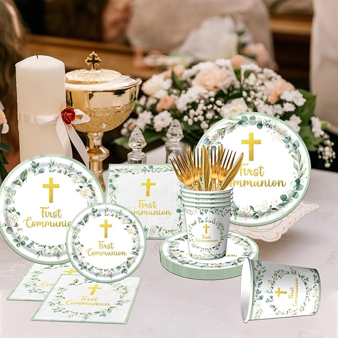 First Communion Decorations, First Communion Plates and Napkins Green Primera Comunion Decoracion First Communion Party Supplies for First Holy Communion Baptism Party Decorations Serves 25