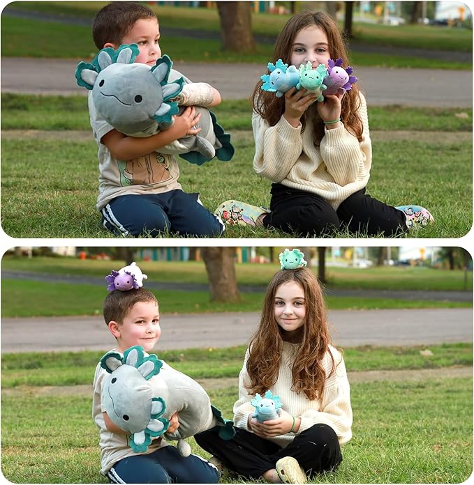 4Pcs Axolotl Plush, Cuddly Stuffed Animal Mommy 24 inch with 3 Baby Plushies in Tummy, Soft Toys Gifts for Kids Girls Boys