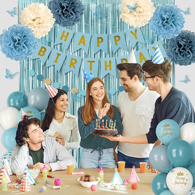 Blue Birthday Decorations, Dusty Blue Sand Confetti Metallic Printed Balloons Butterfly Stickers Fringe Curtain Happy Birthday Banner Circle Dots Paper Pompoms Boys Men Girls Women Party Supplies
