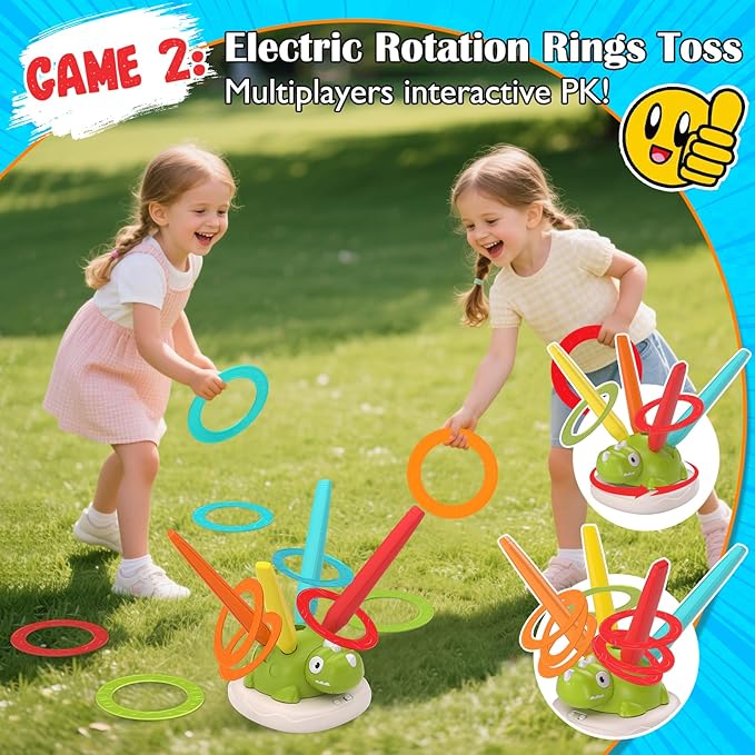 Indoor Outdoor Games for Kids Easter, 3 in 1 Musical Jump, Ring Toss Game & Stomping Rocket Launcher for Kids, Dinosaur Sports & Outside Play Activities Toys with Remote Control for Toddlers 4-8