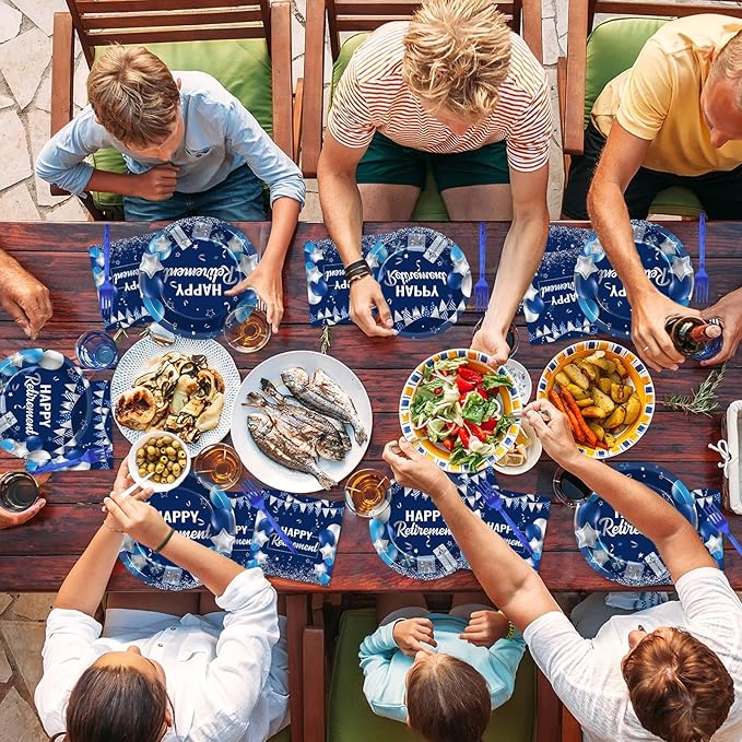 gisgfim 96 Pcs Retirement Plates and Napkins Party Supplies Paper Happy Retirement Party Tableware Set Blue Silver Decorations Favors for Men Women for 24 Guests