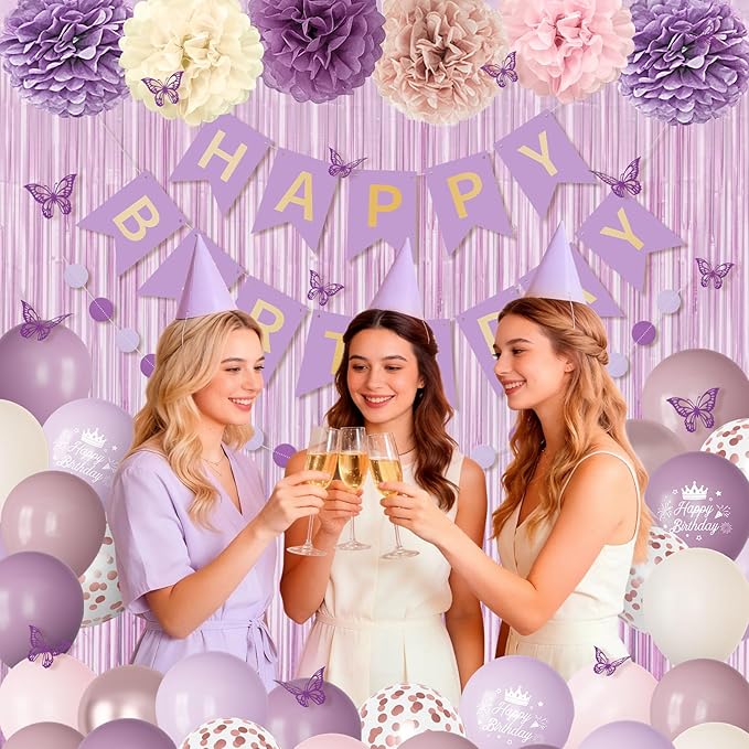 Dusty Purple Birthday Decorations for Women Girls, Lavender Pink Sand Rose Gold Metallic Printed Balloons Butterfly Stickers Fringe Curtain Happy Birthday Banner Circle Dot Paper Pompom Party Supplies