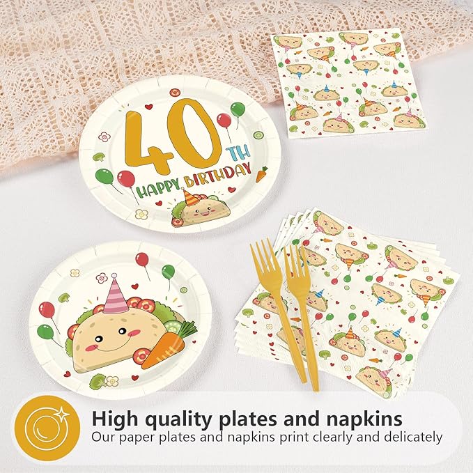 96Pcs Taco 40th Birthday Party Decorations for Men Happy 40th Birthday Plates and Napkins Sets Yellow Cute Taco Themed Decorations for Adult 40 Years Old Bday Party Supplies Serves 24