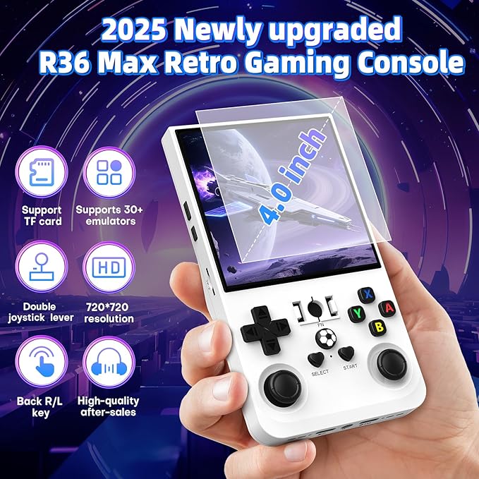 R36Max Retro Handheld Game Console, Portable Mini Retro Handheld Game Console, 4.0 Inch IPS Video Gaming Console with 64GB TF Card Retro Games, 4000mAh Battery, White