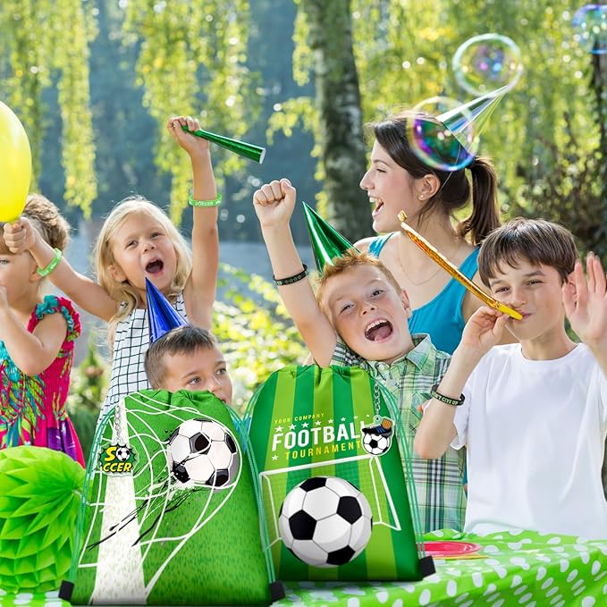 Talltalk 48 Pcs Soccer Party Favors Gifts Sets Kids Soccer Team Gifts 16 Sets Green Drawstring Backpack Goodie Bags Stuffers Candy Snack Bag Wristband Keychains for Sport Birthday Party Supplies Decor