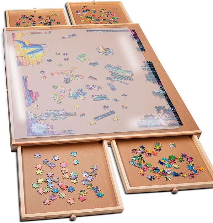 PlayVibe 1000 Piece Puzzle Board with Drawers and Cover - Portable Wooden Jigsaw Puzzle Tray with Drawers, Solve Station & Sturdy Table, Portable Outdoor Fun, Patio, Easter Gift Idea
