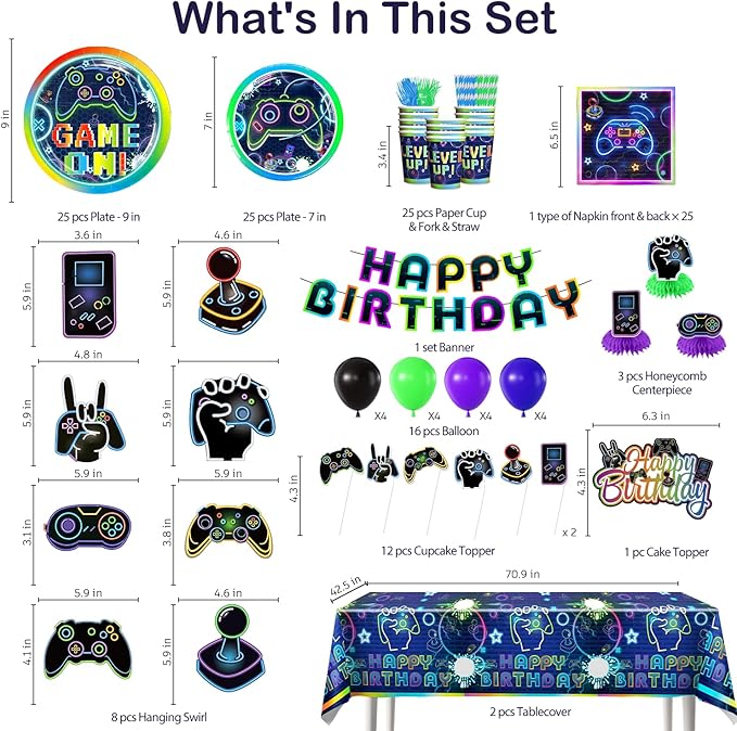 174 Pcs Gamer Birthday Party Decorations Tableware Set with 300gsm Plates and Napkins, Serves 25, 2 Tablecloths, Banner, Cake Toppers, for Boys Video Game Birthday Decorations, Multicolor