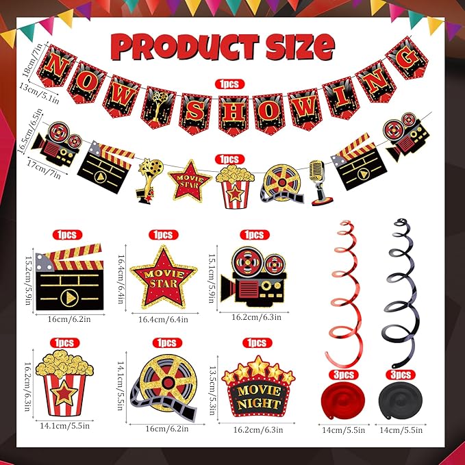 Movie Night Decorations Kit Now Showing Banner Hanging Swirls Popcorn Camera Clapboard Balloons for Movie Themed Birthday Party Supplies Film Backdrop