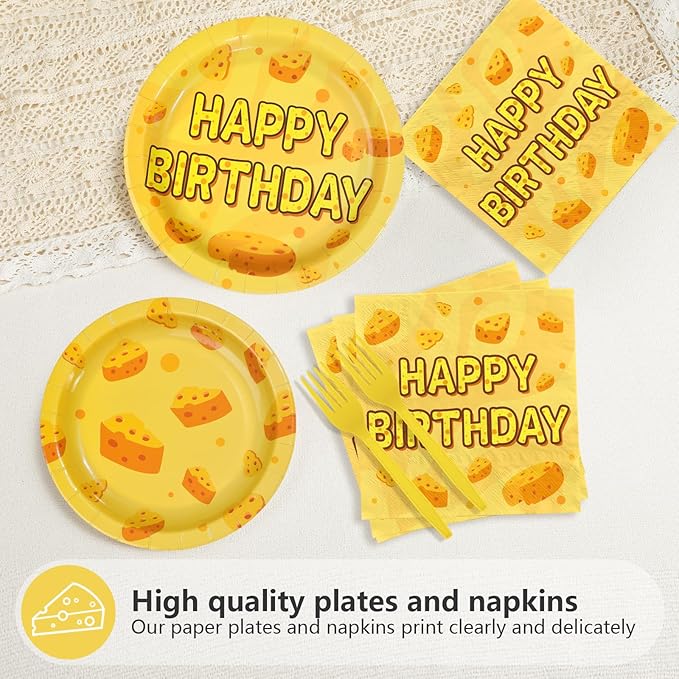 96Pcs Cheese Birthday Party Decorations Pizza Cheese Birthday Plates and Napkins Tableware Set Cartoon Funny Cheesy Party Decorations for Boys Girls Baby Shower Macaroni Party Supplies Serves 24