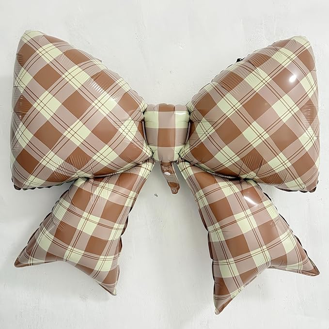 4Pcs Brown Plaid Bow Balloons 38"/Rustic Gingham Bowknot Foil Balloons for Coffee Baby Shower Decorations, Vintage Birthday,Maillard Style Birthday,Fall Party, Cozy Country Party Decorations