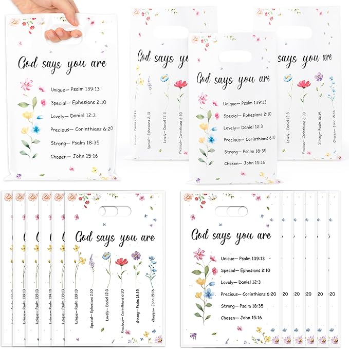 Christian Floral Party Favor Bag - 50Pcs Religious Inspirational Bible Verse Floral Goodie Treat Candy Plastic Gift Bags Christian Religious Faith Flower Party Decor for Baptism Church Spring Party