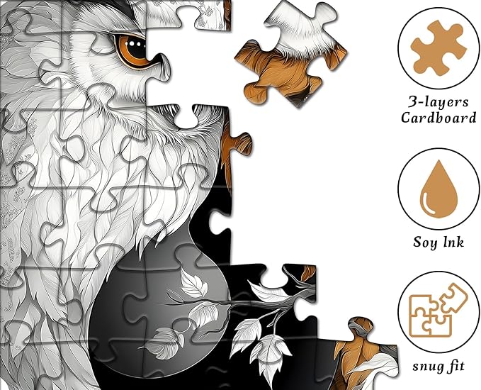 Yin Yang Owl Jigsaw Puzzle 1000 Pieces for Adults,Unique Bird Jigsaw Puzzle Features Dual Owl Balance, Black and White Animal Puzzle,Impossible Owl Home Wall Decor