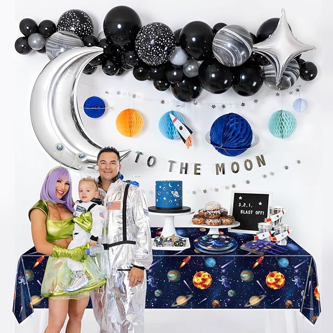Outer Space Party Supplies for 20 Guests, Include Astronaut Planet Paper Plates, Napkins, Forks, Outer Solar System Tablecloth for Kids Birthday Party Solar System Theme Party Decorations