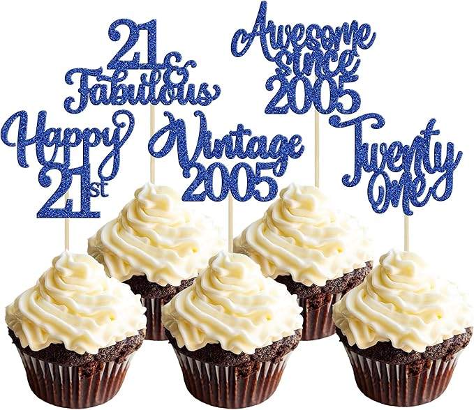 Ephlyn 30Pcs Happy 21st Birthday Cupcake Toppers Glitter Twenty-one 21 Fabulous Vintage 2005 Cupcake Picks for 21st Birthday Anniversary Retirement Party Cake Decorations Supplies Dark Blue