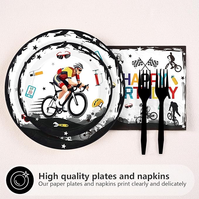 96Pcs Bicycle Birthday Party Decorations Mountain Bike Road Birthday Plates and Napkins Sets Sports Bicycle Racing Decorations for Boys Teens Adults Sports Bike Lover Bday Party Supplies Serves 24