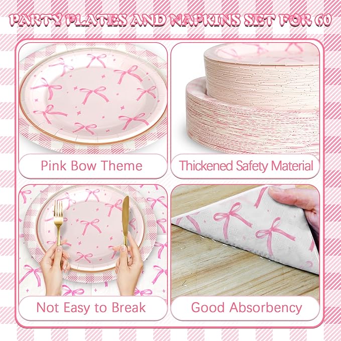 180Pcs Pink Bow Party Supplies Paper Plates and Napkins Serve 60 Disposable Tableware Set for Birthday Party Decorations Game Day Family Holiday Sports Events