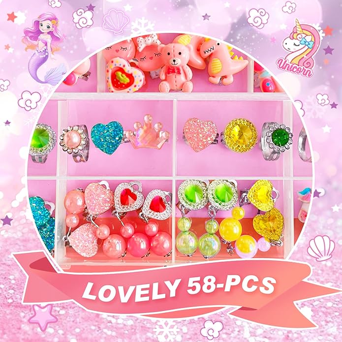 Kids Play Jewelry Sets, Princess Toys for Girls 4-6, 29 Pcs Little Girl Costume Jewelry, Unicorn Necklaces, Bracelets, Rings, Earrings, Dress Up Birthday Easter Gifts for Kids Pretend Play Party Favor