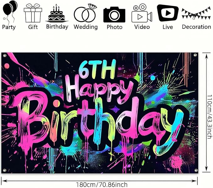 Neon 6th Happy Birthday Banner 71x43 Inch Paint Splatter Glow in The Dark Backdrop Colorful Wall Decor for Kids Boys Girls Fifth Birthday Celebrations Photo Booth Props Event Supplies