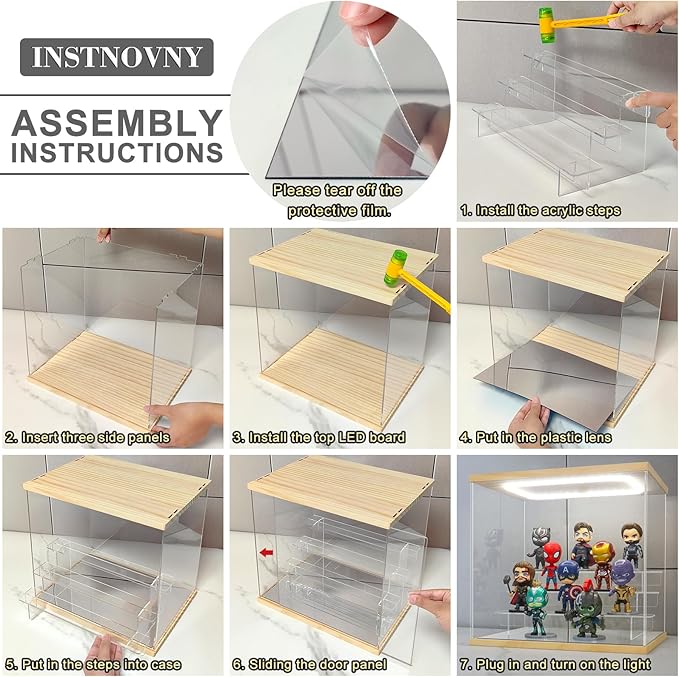 Clear Acrylic Display Case with Light 5 Tier Display Storage Box Assembly Dustproof Showcase for Collectibles Action Figures(Wood, 12.0*10.8*12.5inch)