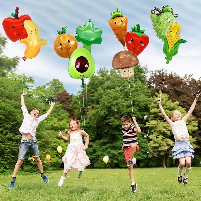 10 Pcs Fruit Balloons and Vegetable Balloons - Large Apple Orange Strawberry Grape Mushroom Banana Avocado Corn Carrot Broccoli Mylar Foil Balloons, Fruit Theme Birthday Party Decorations Supplies