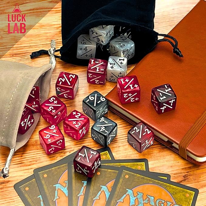 Luck Lab MTG Magic Life Counter Dice, 48 PCS - Compatible w/Magic Card Game Accessories, CCG Creature Stats w/ 2 Dice Bags (Red Pearl, Red Swirl, White Pearl, Black Pearl), 16 mm