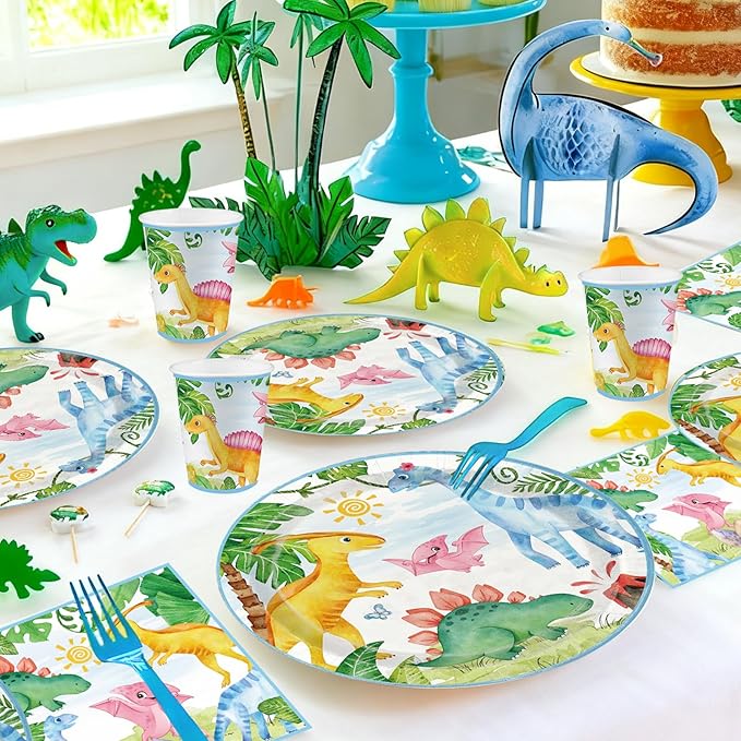 Dinosaur Birthday Party Supplies - 175PCS Dinosaur Themes Party Tableware Set, Bithday Disposable Paper Plates Cups and Napkins For Boys Kids Birthday Baby Shower Decorations, Serve 25
